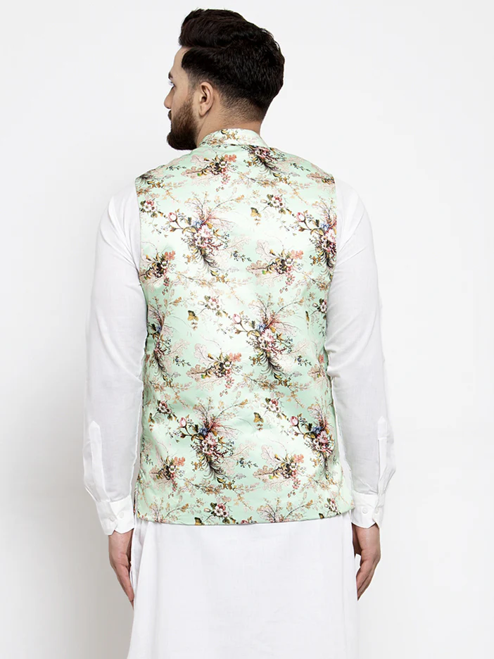 Indian Waistcoat Men's Modi Jacket Floral Print (Lime) - Image 2