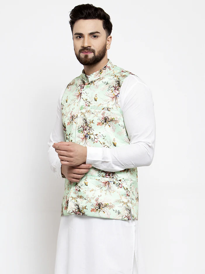 Indian Waistcoat Men's Modi Jacket Floral Print (Lime) - Image 4