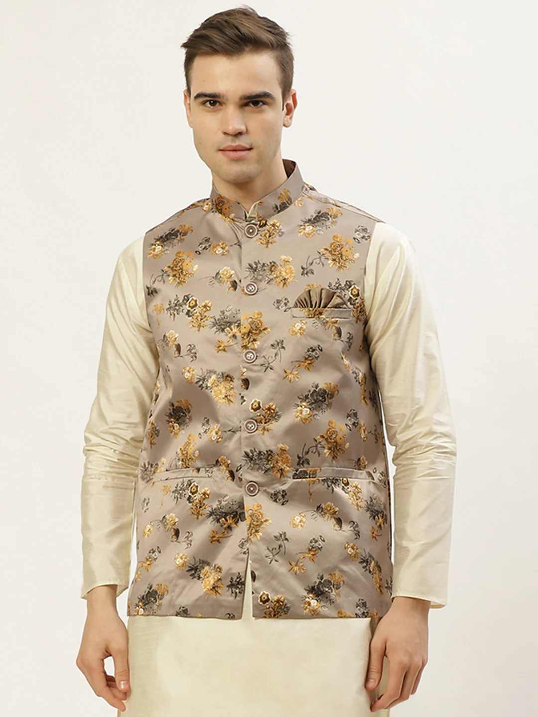 Indian Waistcoat Men's Nehru Jacket Floral Print (Brown-Gold)