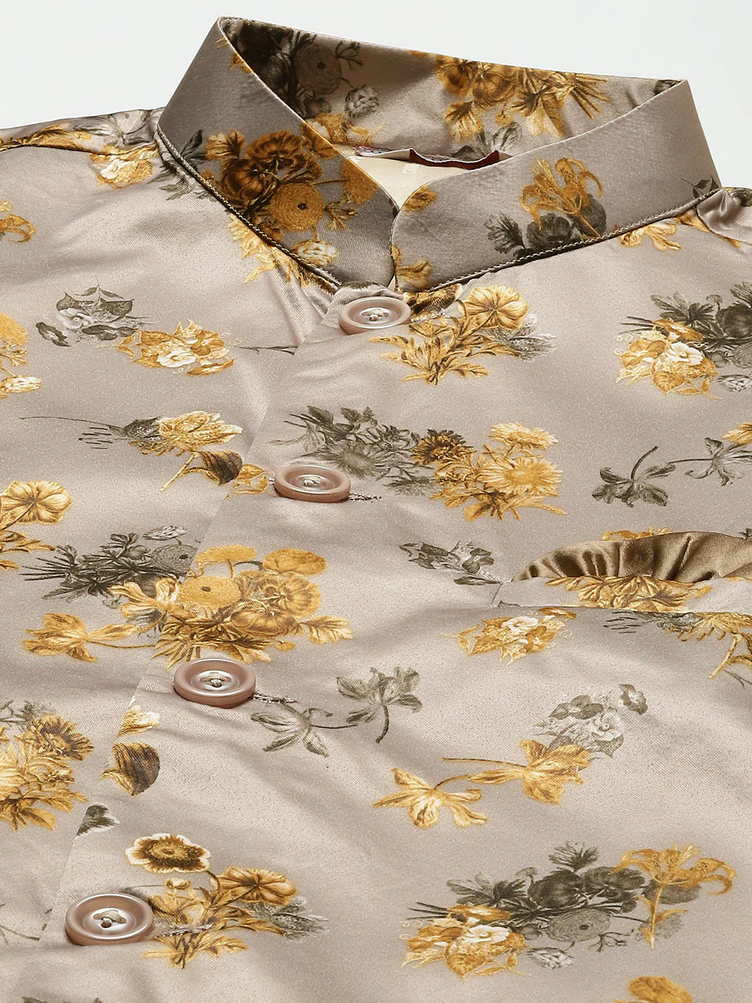 Indian Waistcoat Men's Nehru Jacket Floral Print (Brown-Gold) - Image 6