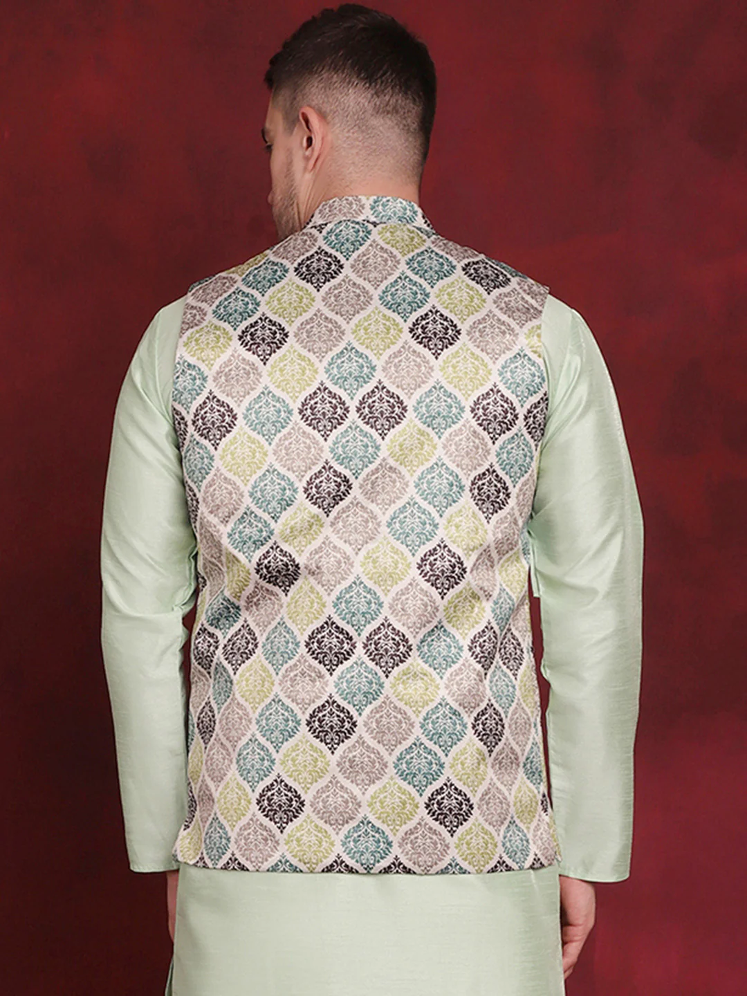 Indian Waistcoat Men's Nehru Jacket Floral Print (Green) - Image 2