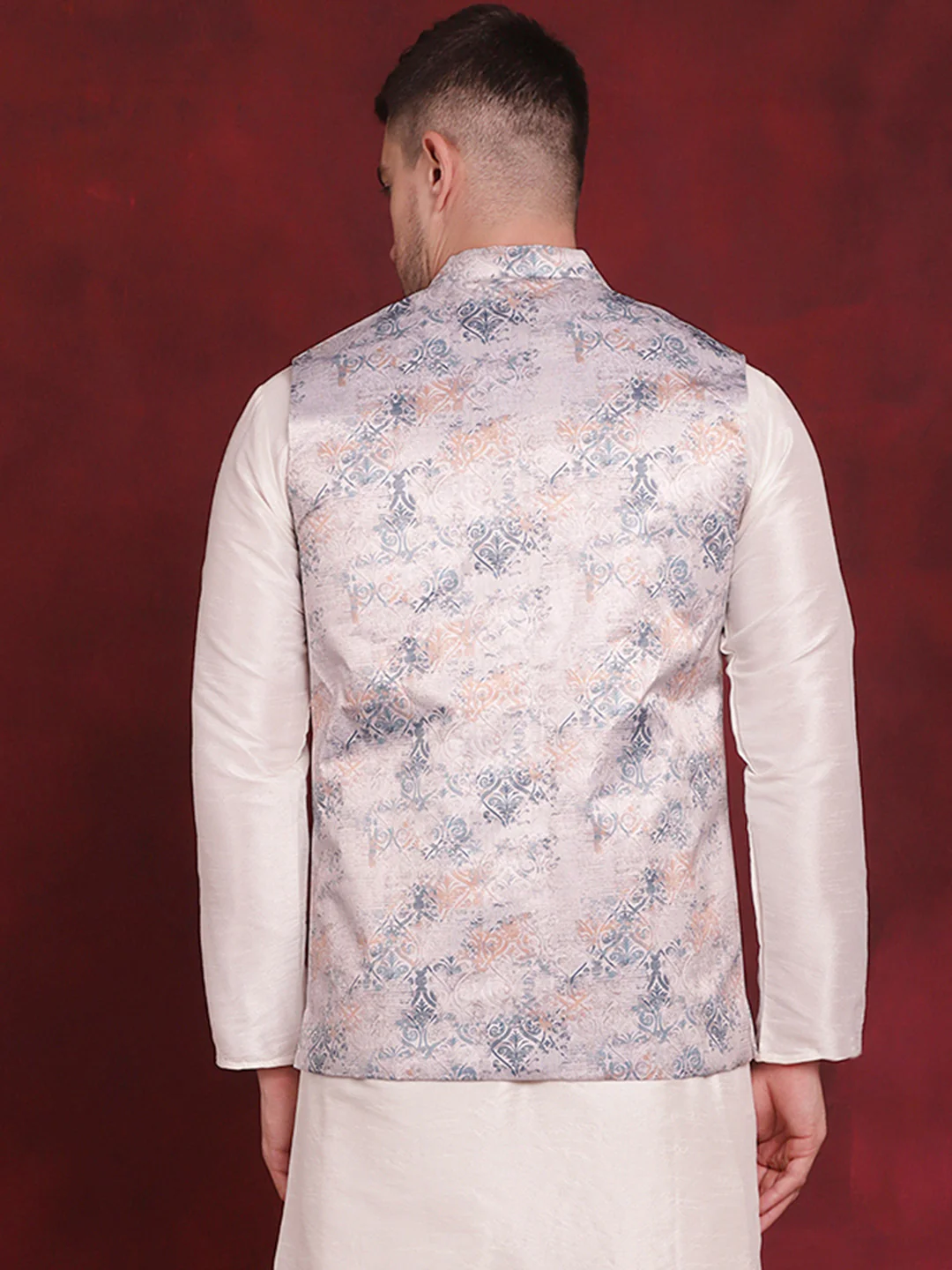 Indian Waistcoat Men's Nehru Jacket Floral Print (Silver) - Image 2