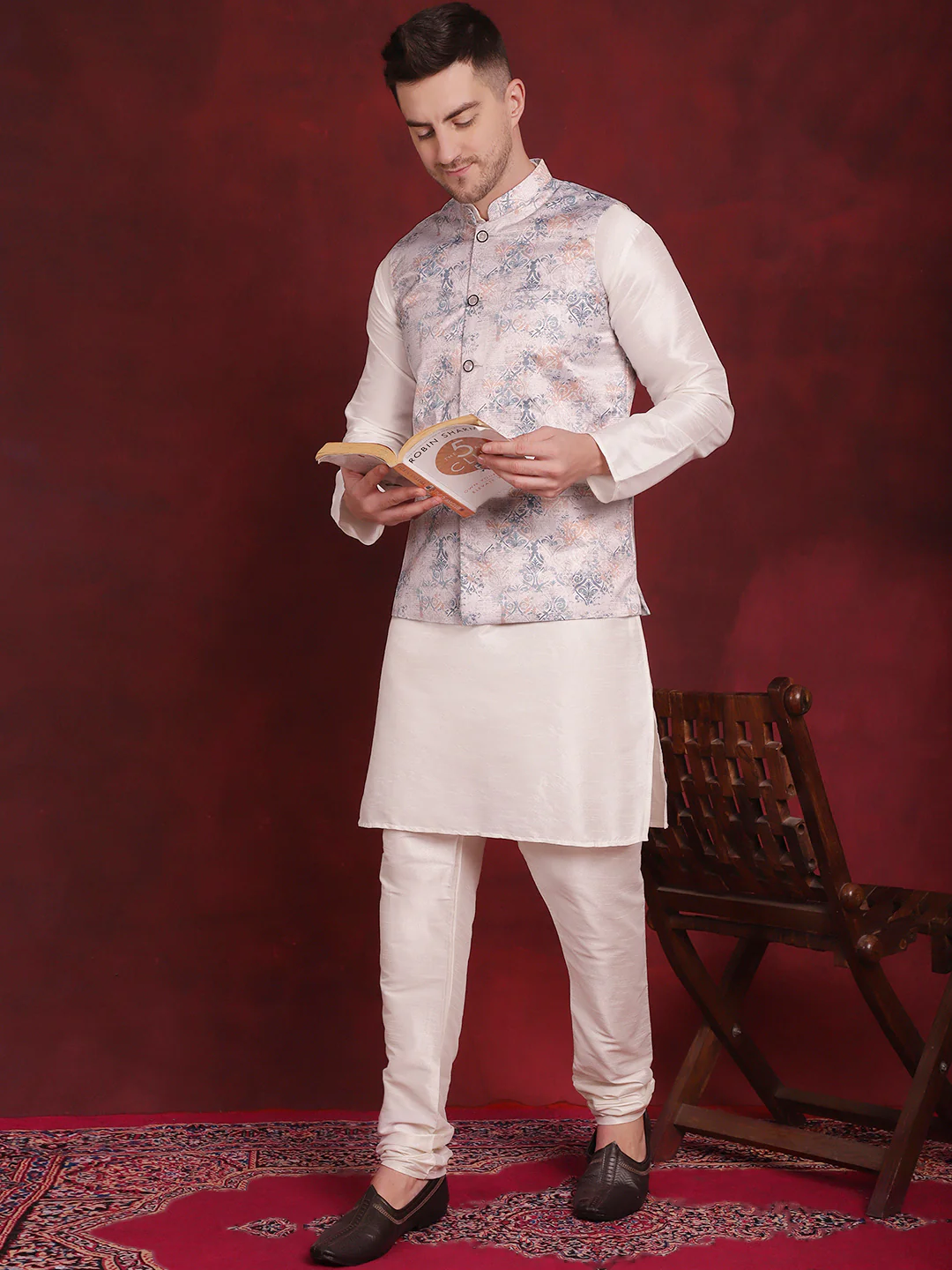 Indian Waistcoat Men's Nehru Jacket Floral Print (Silver) - Image 5