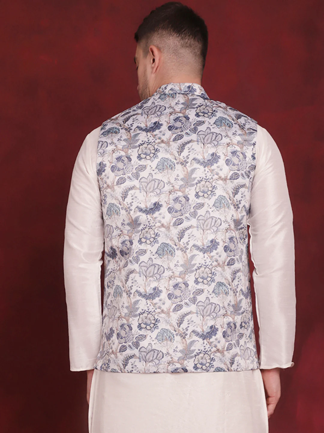 Indian Waistcoat Men's Nehru Jacket Floral Print (White) - Image 4
