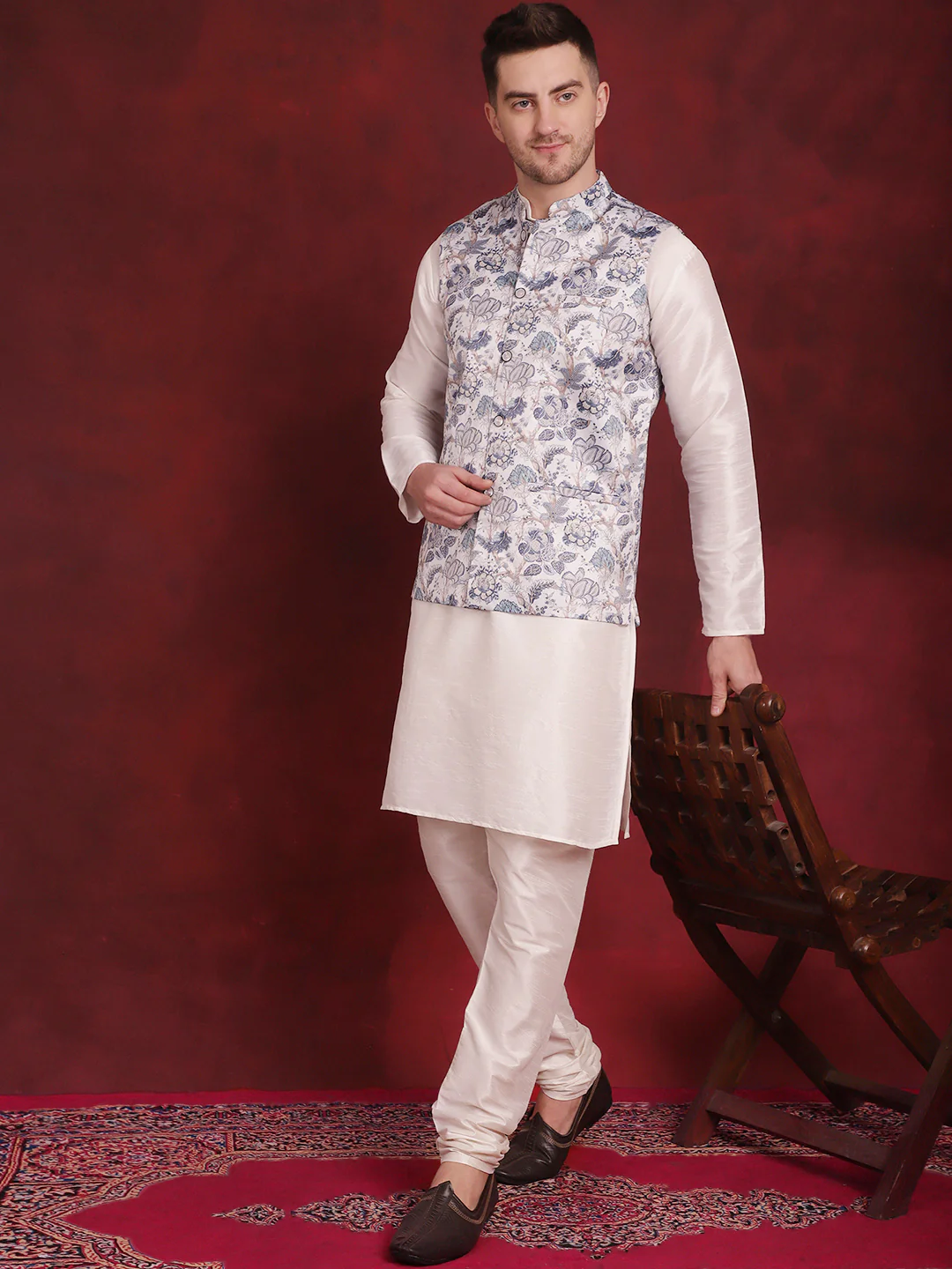 Indian Waistcoat Men's Nehru Jacket Floral Print (White) - Image 5
