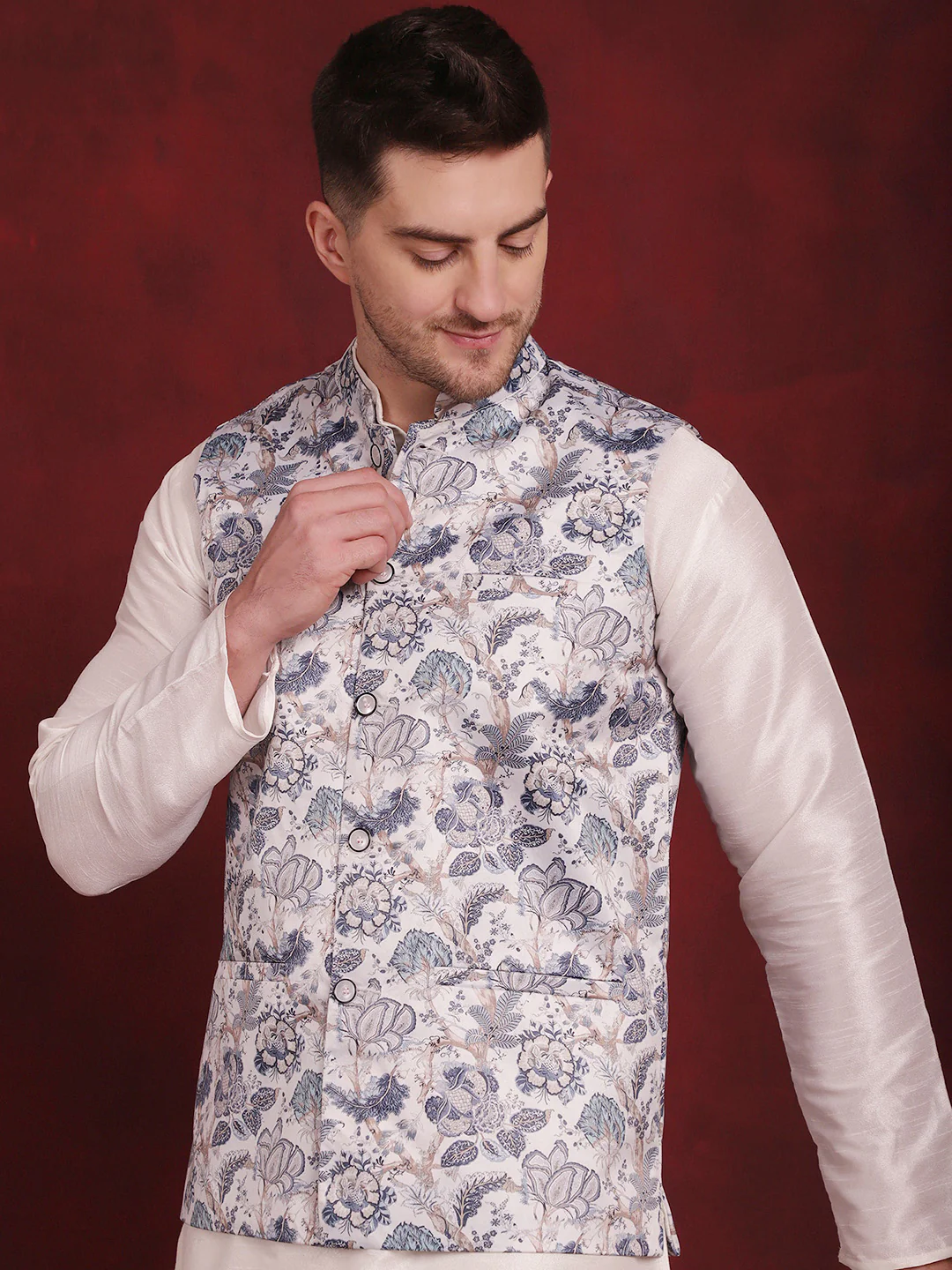 Indian Waistcoat Men's Nehru Jacket Floral Print (White) - Image 6