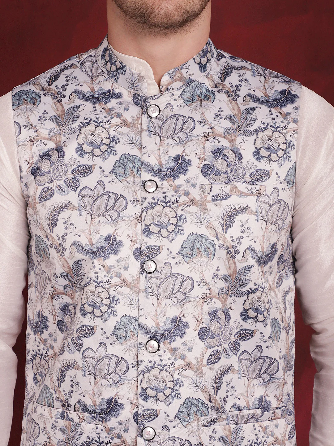 Indian Waistcoat Men's Nehru Jacket Floral Print (White) - Image 7