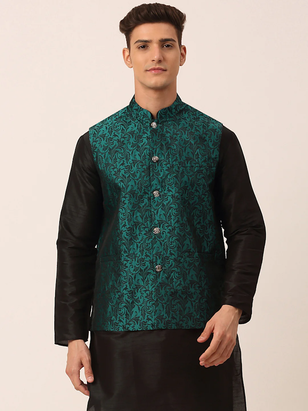 Indian Waistcoat Men's Nehru Jacket Jacquard Pattern (Green)