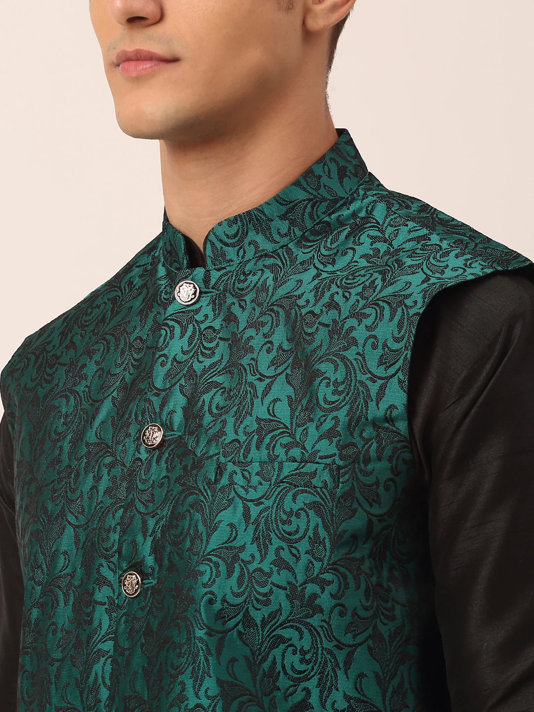 Indian Waistcoat Men's Nehru Jacket Jacquard Pattern (Green) - Image 6