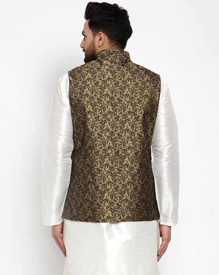 Indian Waistcoat Men's Nehru Jacket Jacquard Pattern (Gold) - Image 2