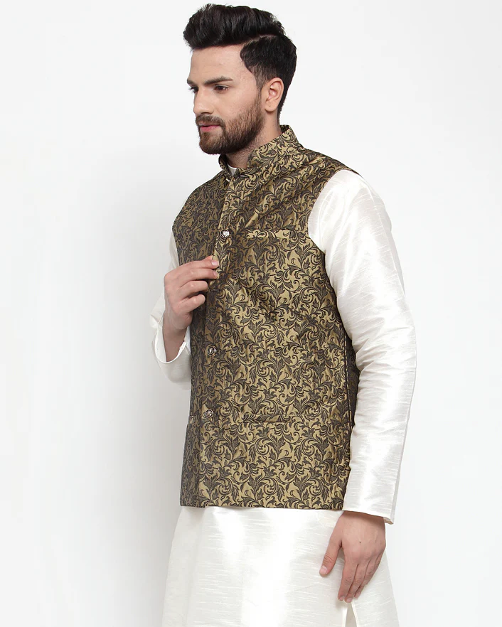 Indian Waistcoat Men's Nehru Jacket Jacquard Pattern (Gold) - Image 4