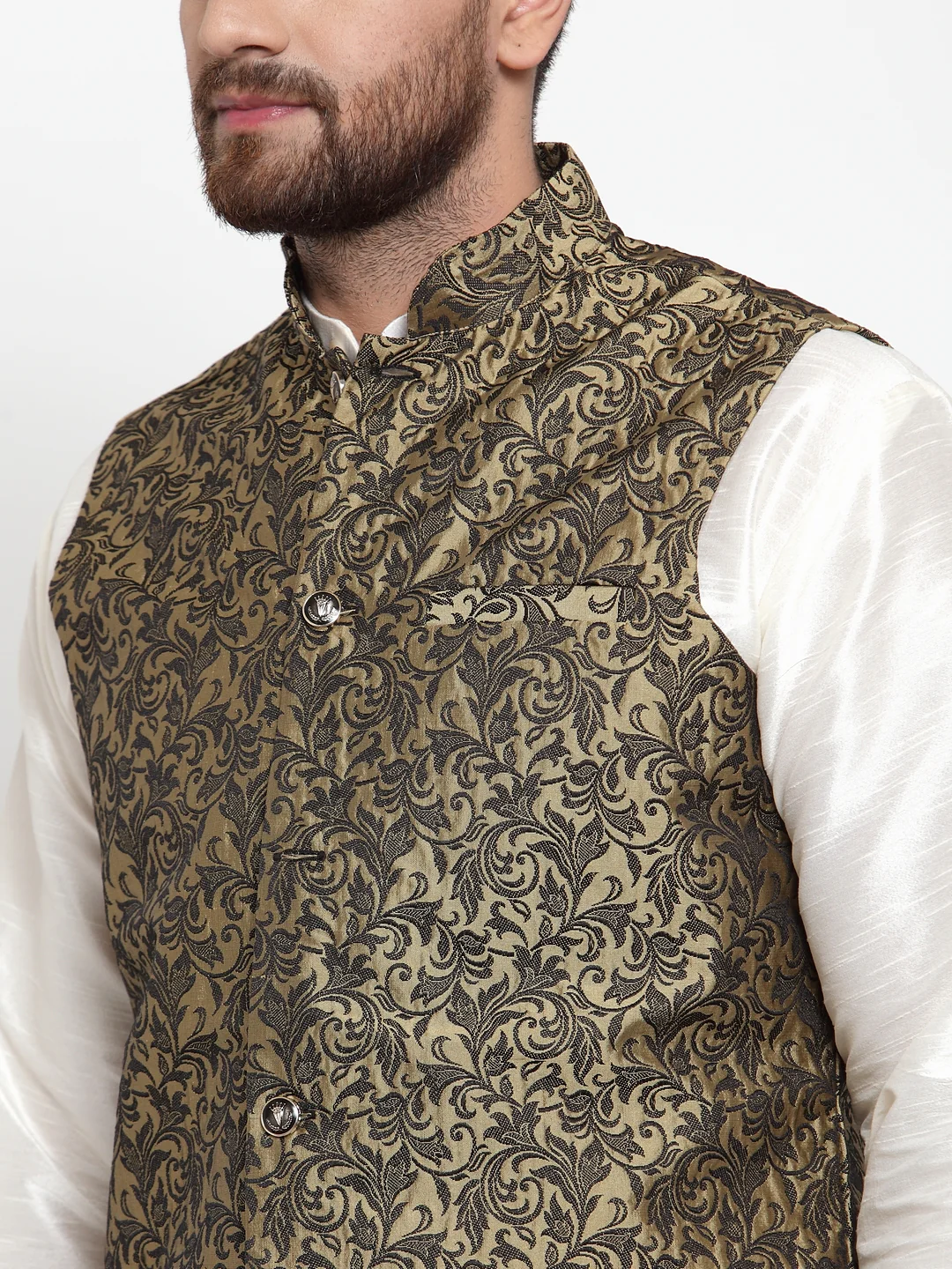 Indian Waistcoat Men's Nehru Jacket Jacquard Pattern (Gold) - Image 5