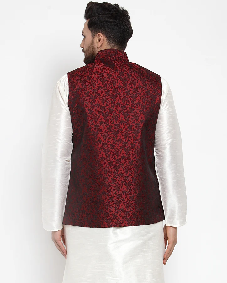 Indian Waistcoat Men's Nehru Jacket Jacquard Pattern (Maroon) - Image 2