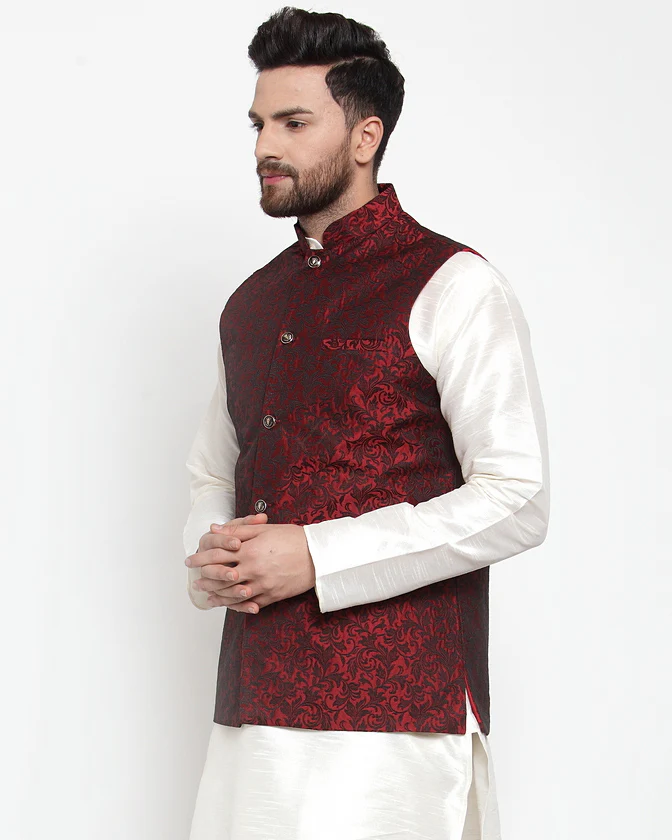 Indian Waistcoat Men's Nehru Jacket Jacquard Pattern (Maroon) - Image 4