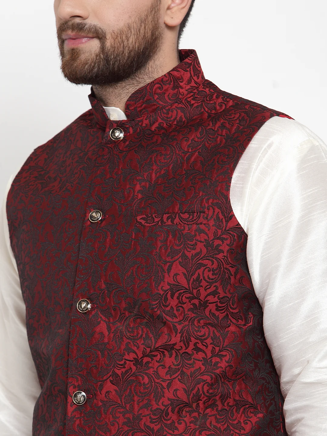 Indian Waistcoat Men's Nehru Jacket Jacquard Pattern (Maroon) - Image 5