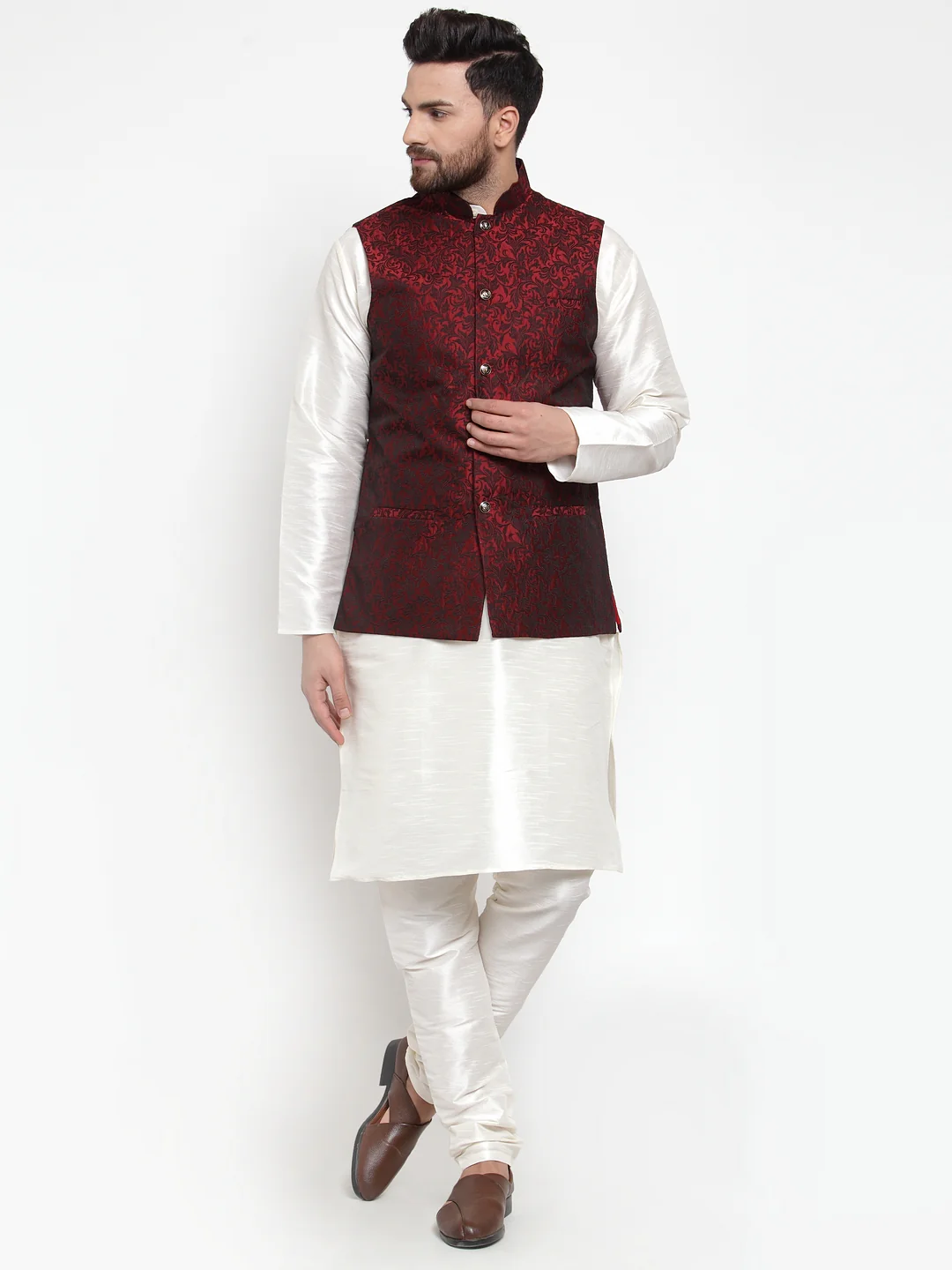 Indian Waistcoat Men's Nehru Jacket Jacquard Pattern (Maroon) - Image 6