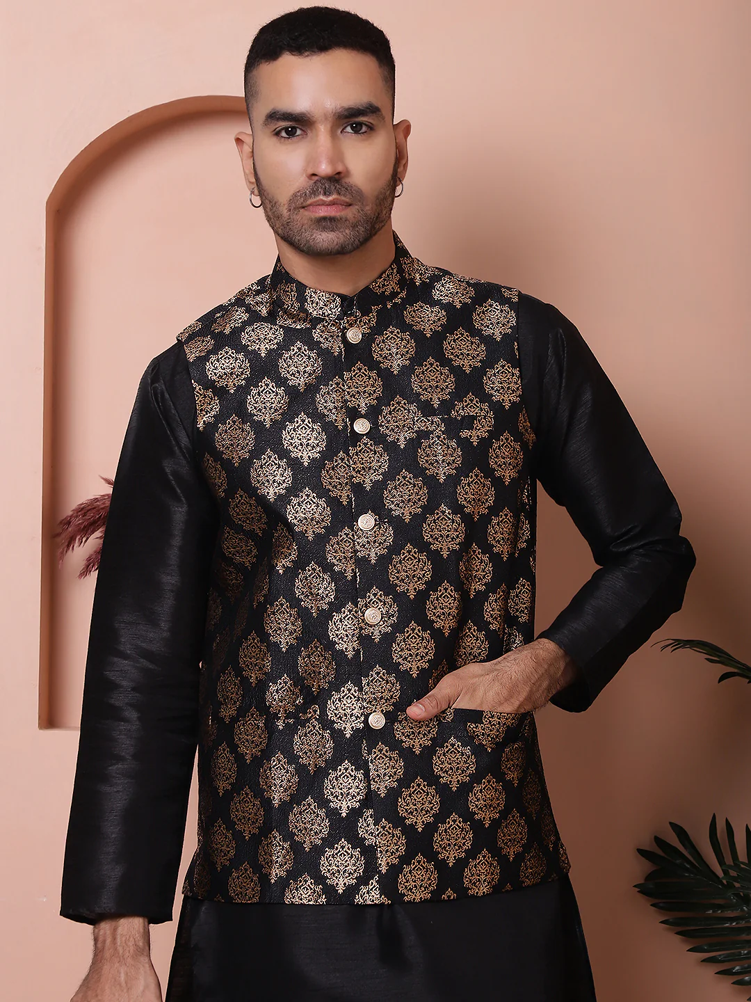 Indian Waistcoat Men's Nehru Jacket Brocade Geometric Pattern (Black)