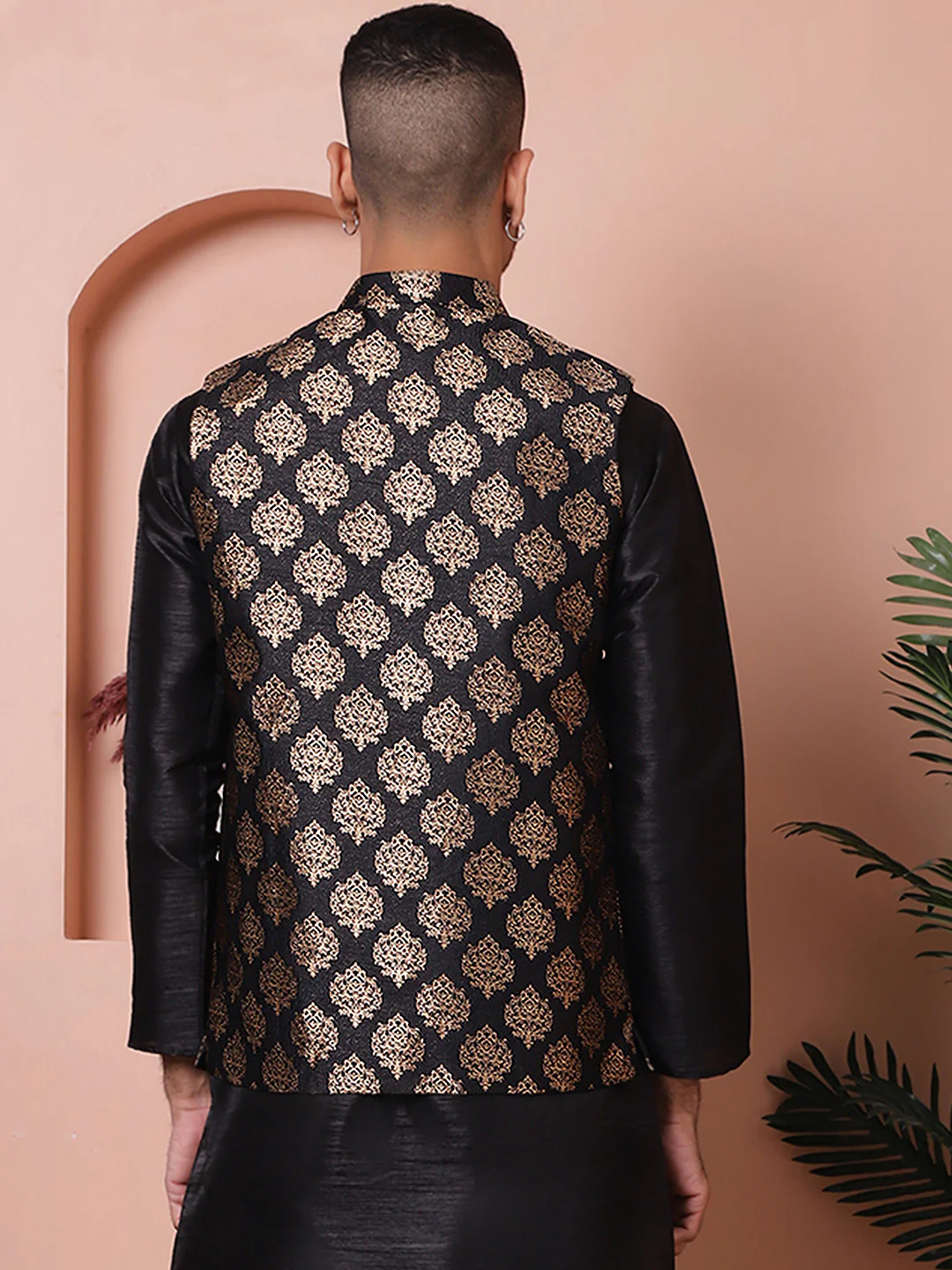 Indian Waistcoat Men's Nehru Jacket Brocade Geometric Pattern (Black) - Image 2