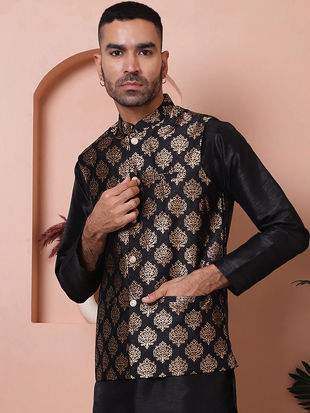 Indian Waistcoat Men's Nehru Jacket Brocade Geometric Pattern (Black) - Image 4