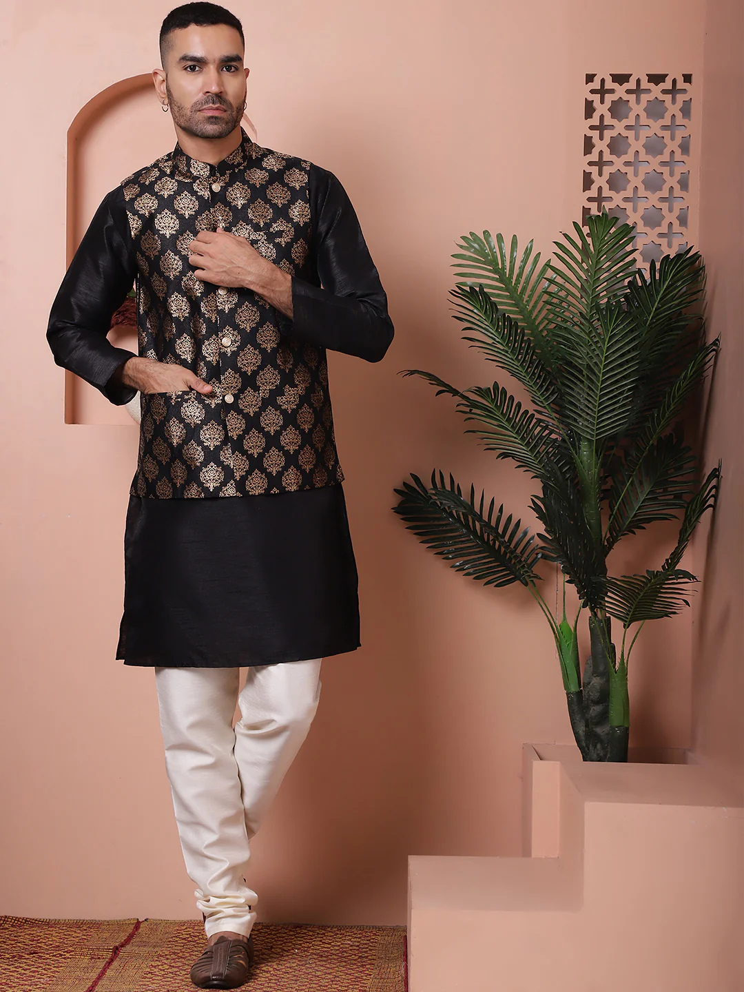Indian Waistcoat Men's Nehru Jacket Brocade Geometric Pattern (Black) - Image 5