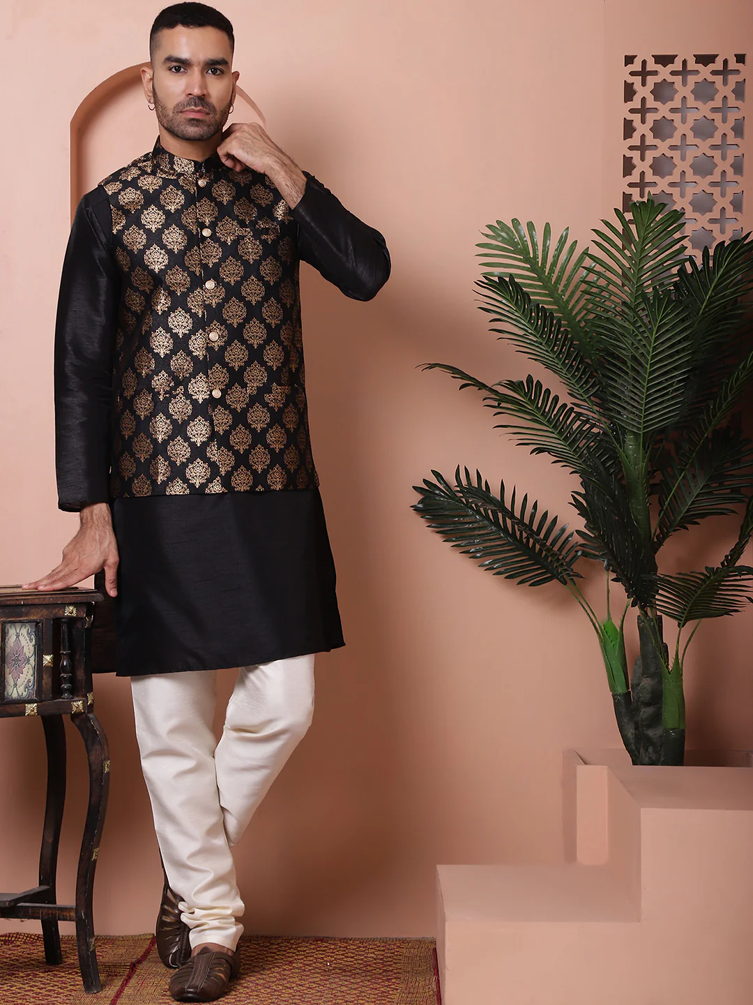 Indian Waistcoat Men's Nehru Jacket Brocade Geometric Pattern (Black) - Image 6