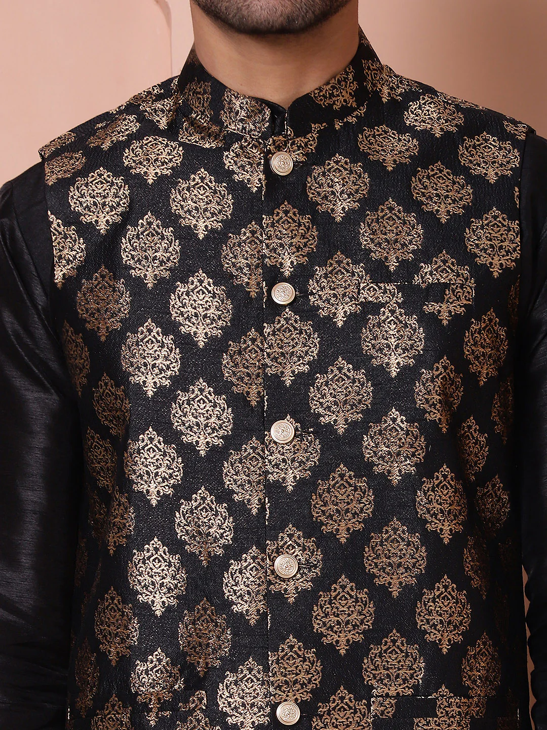 Indian Waistcoat Men's Nehru Jacket Brocade Geometric Pattern (Black) - Image 7