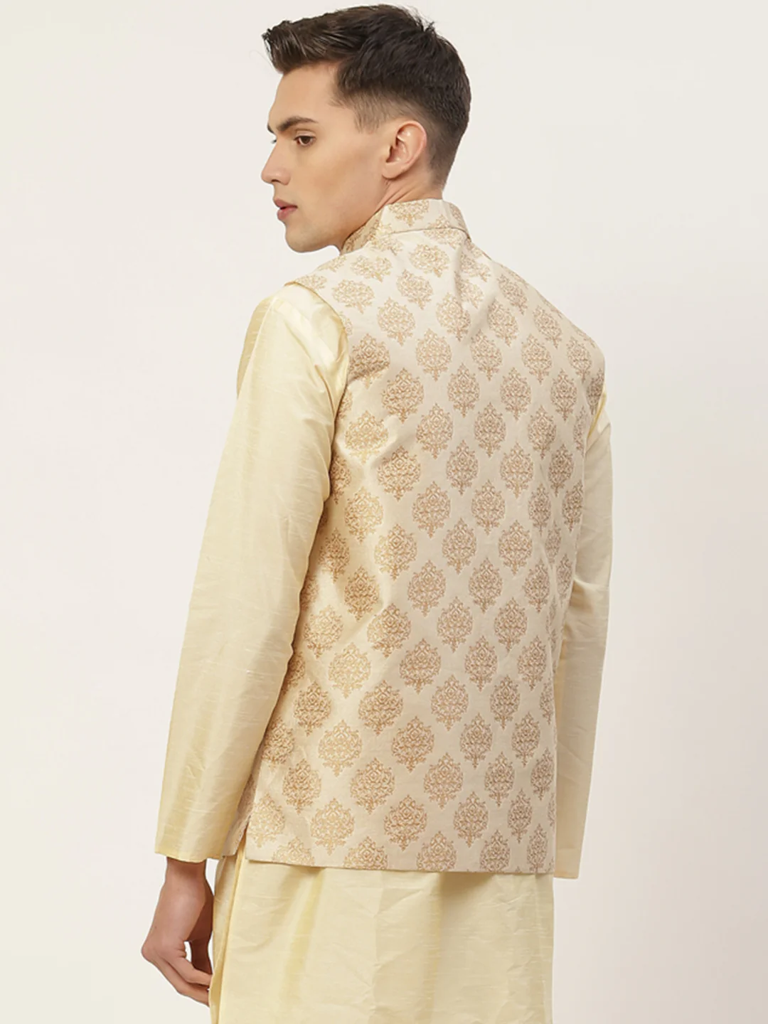 Indian Waistcoat Men's Nehru Jacket Brocade Geometric Pattern (Cream) - Image 2