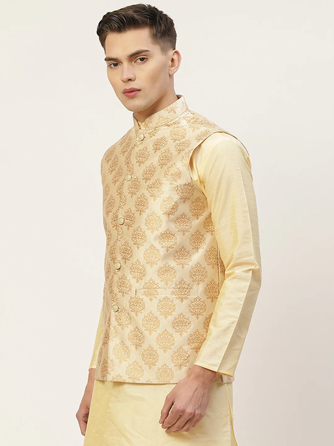 Indian Waistcoat Men's Nehru Jacket Brocade Geometric Pattern (Cream) - Image 4