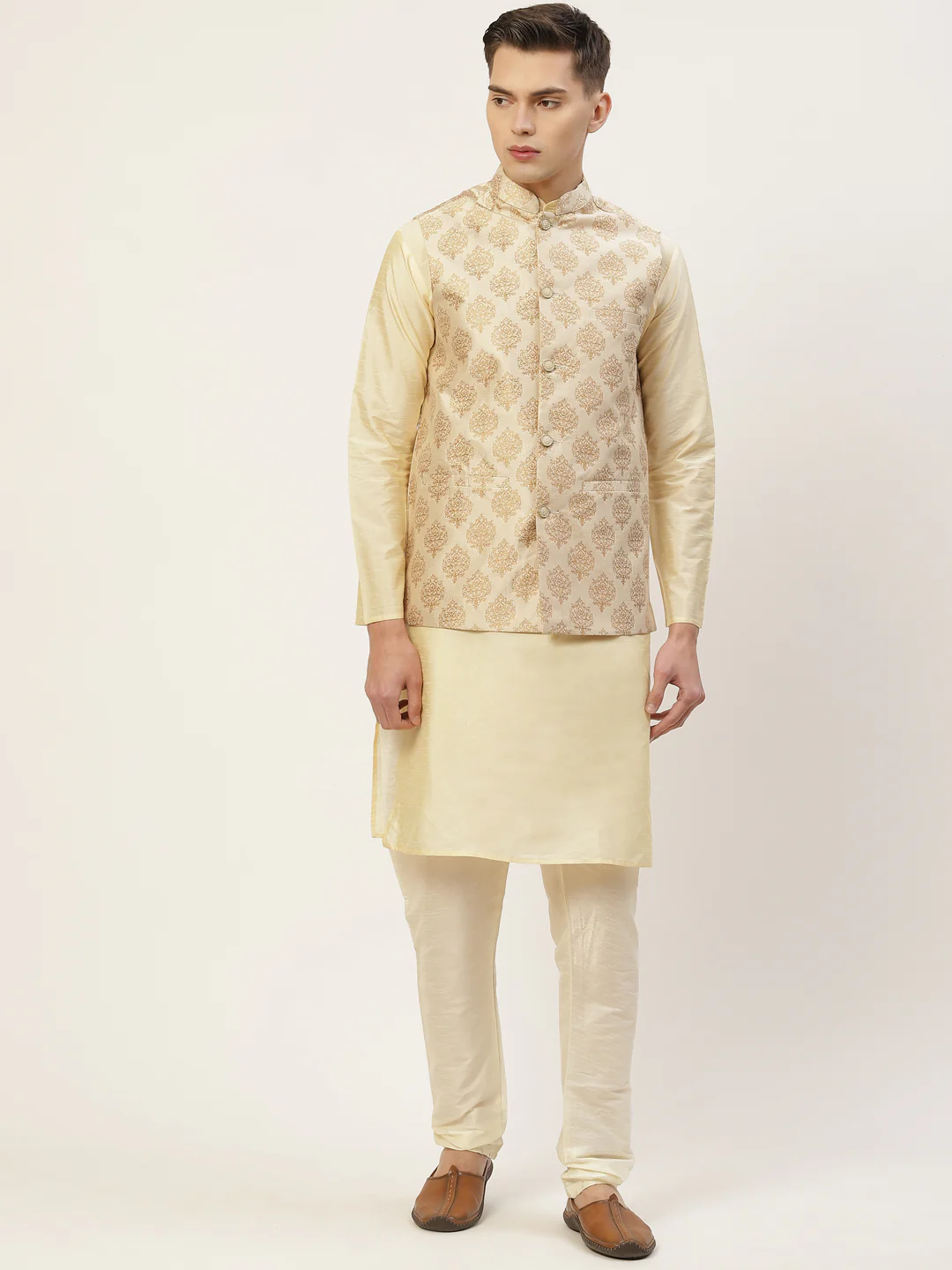 Indian Waistcoat Men's Nehru Jacket Brocade Geometric Pattern (Cream) - Image 5