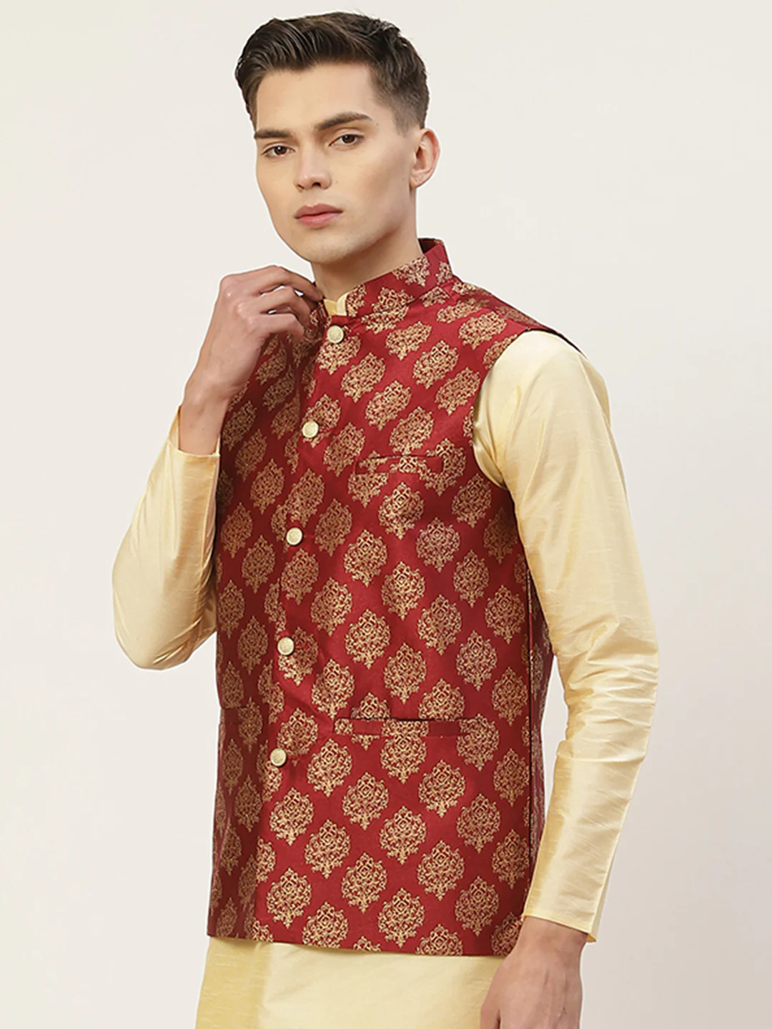 Indian Waistcoat Men's Nehru Jacket Brocade Geometric Pattern (Maroon) - Image 4