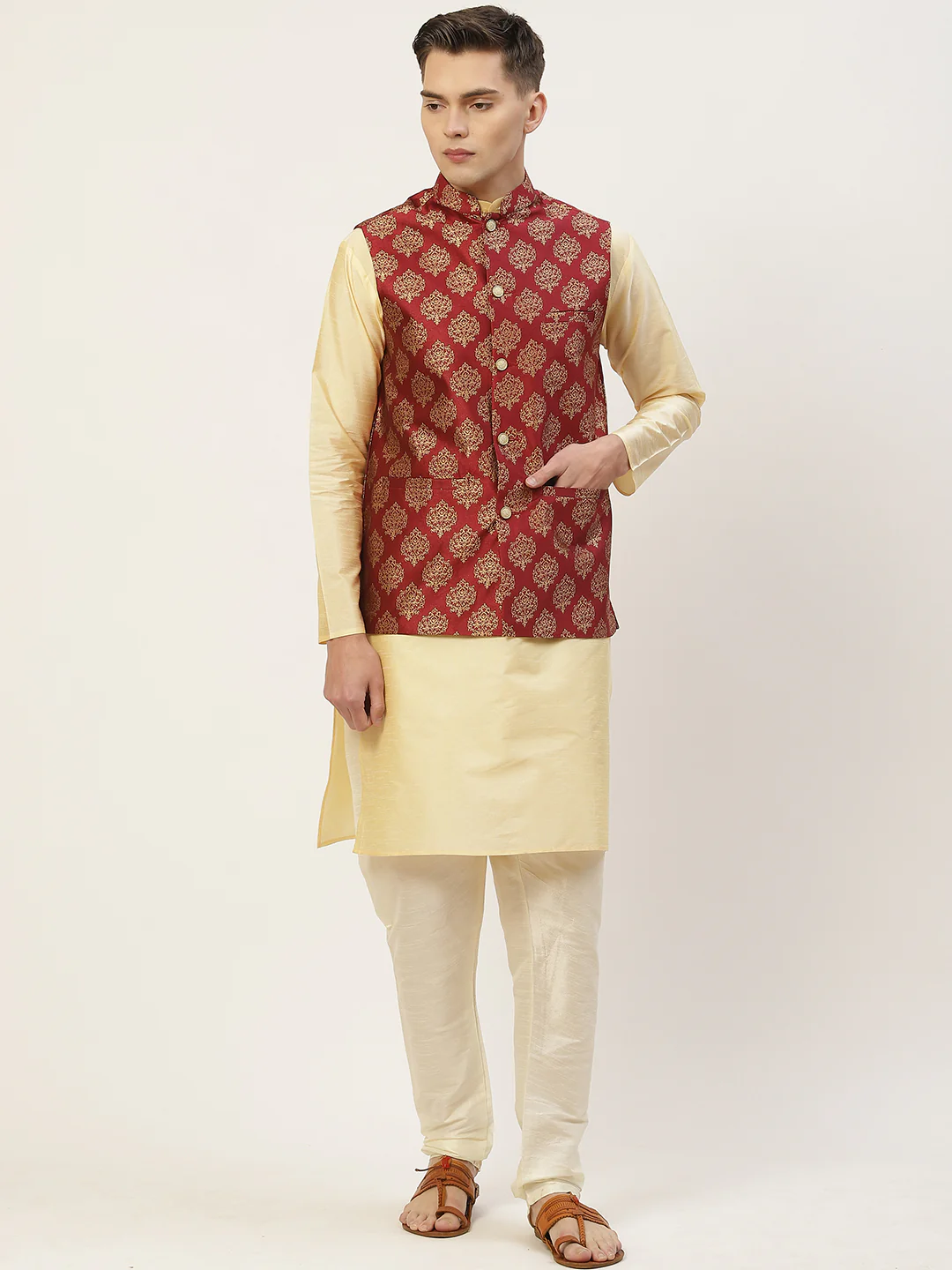 Indian Waistcoat Men's Nehru Jacket Brocade Geometric Pattern (Maroon) - Image 5
