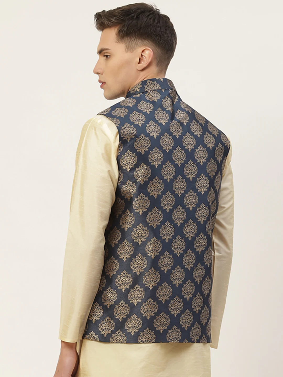 Indian Waistcoat Men's Nehru Jacket Brocade Geometric Pattern (Navy Blue) - Image 2