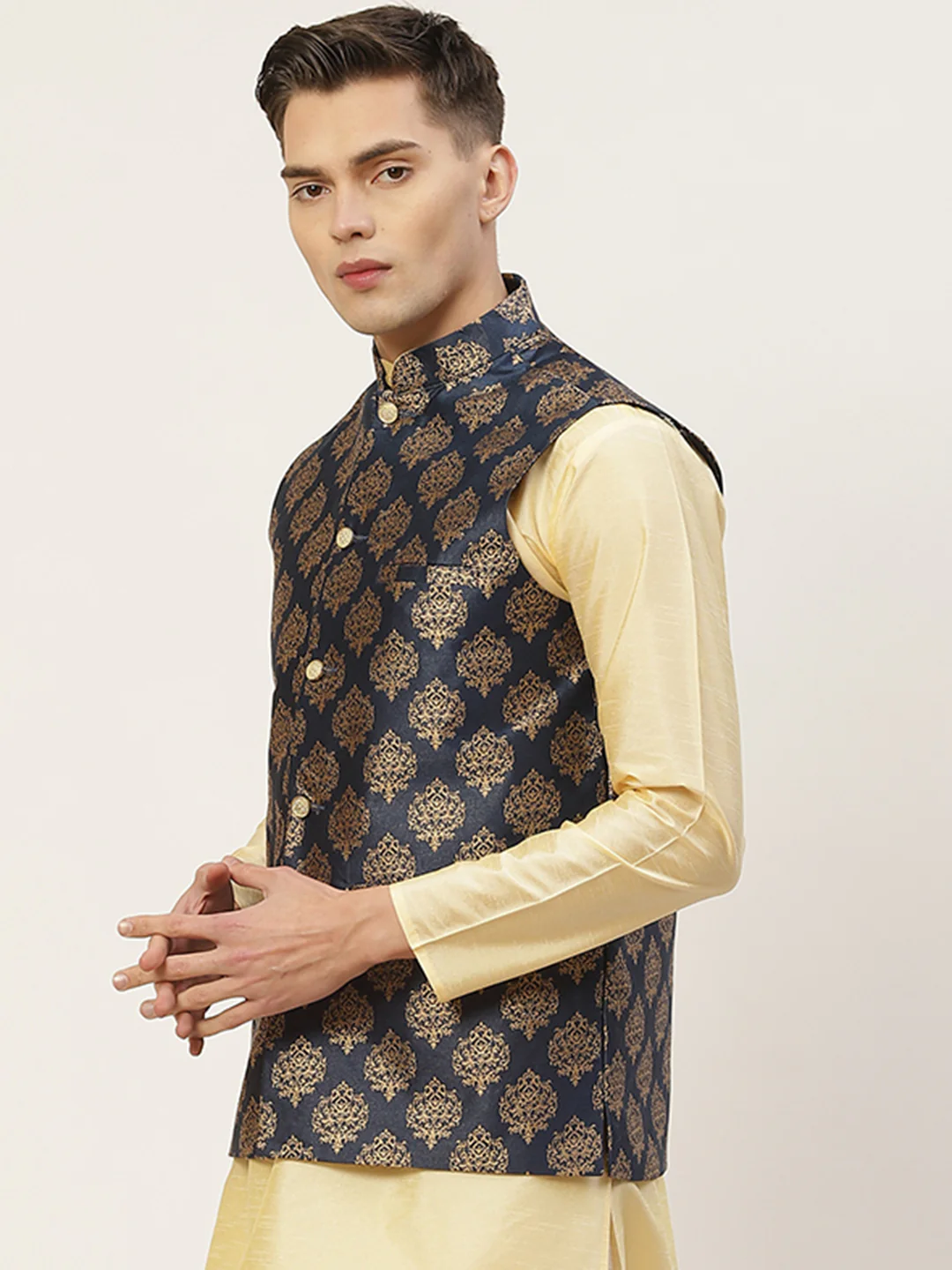 Indian Waistcoat Men's Nehru Jacket Brocade Geometric Pattern (Navy Blue) - Image 4