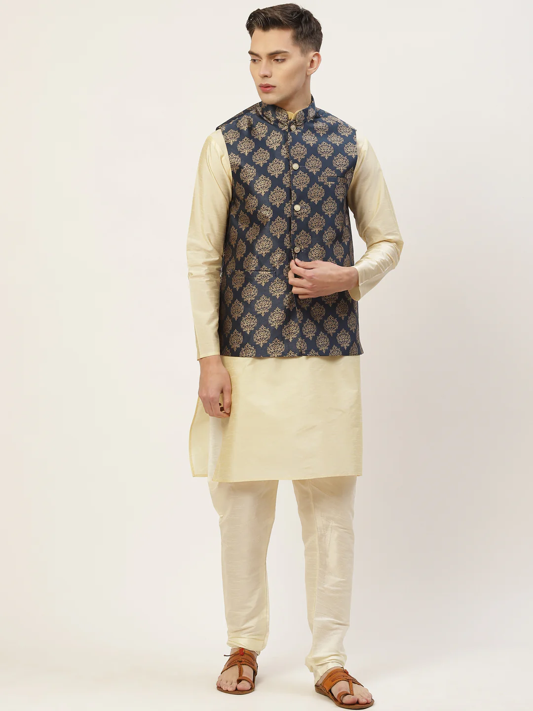 Indian Waistcoat Men's Nehru Jacket Brocade Geometric Pattern (Navy Blue) - Image 5