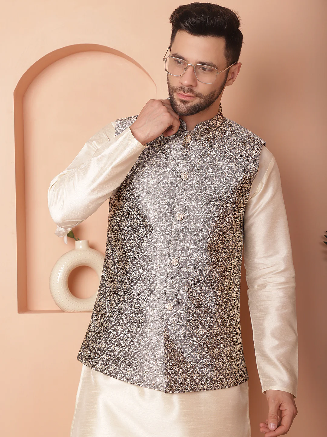 Indian Waistcoat Men's Nehru Jacket Brocade Silk Blend (Grey)
