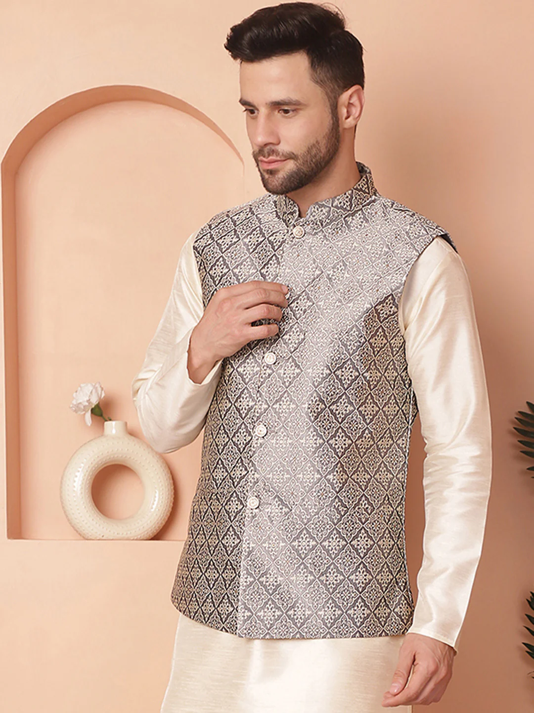 Indian Waistcoat Men's Nehru Jacket Brocade Silk Blend (Grey) - Image 4