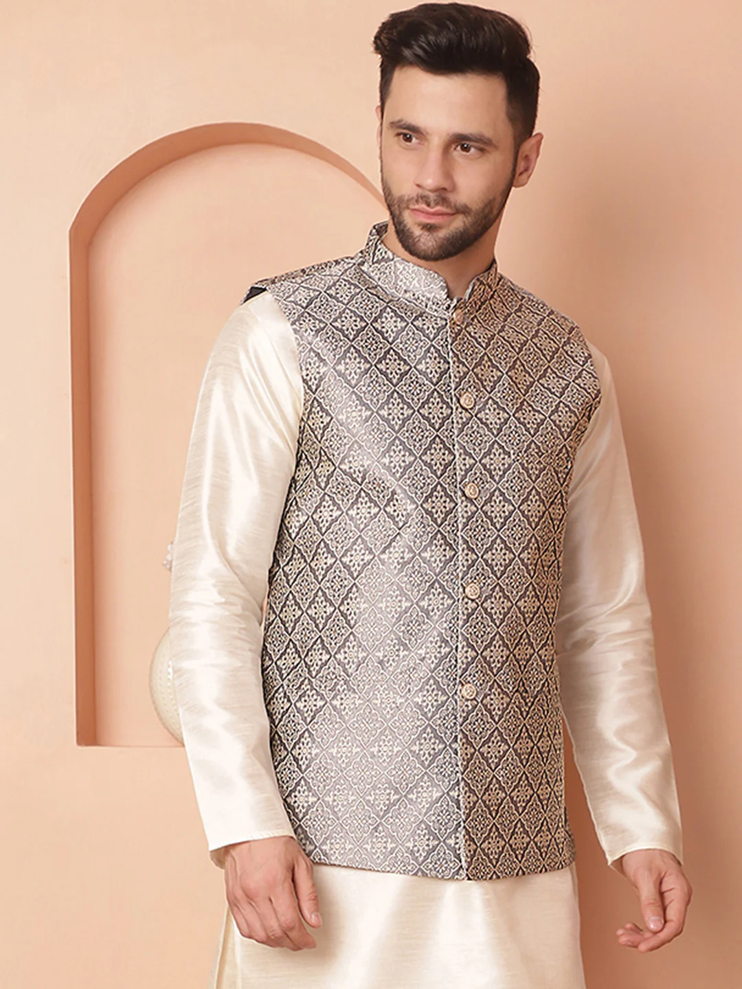 Indian Waistcoat Men's Nehru Jacket Brocade Silk Blend (Grey) - Image 5