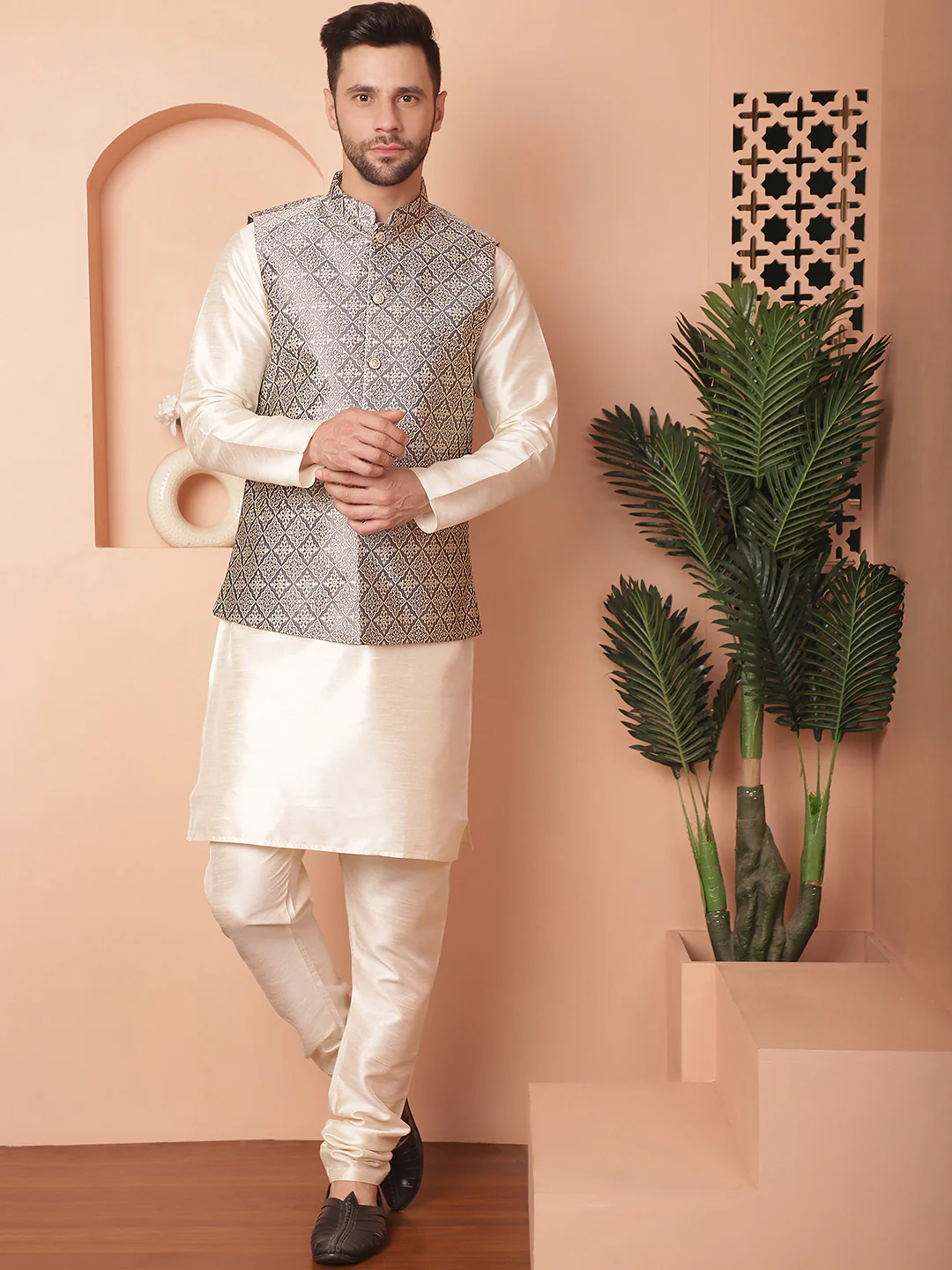 Indian Waistcoat Men's Nehru Jacket Brocade Silk Blend (Grey) - Image 6