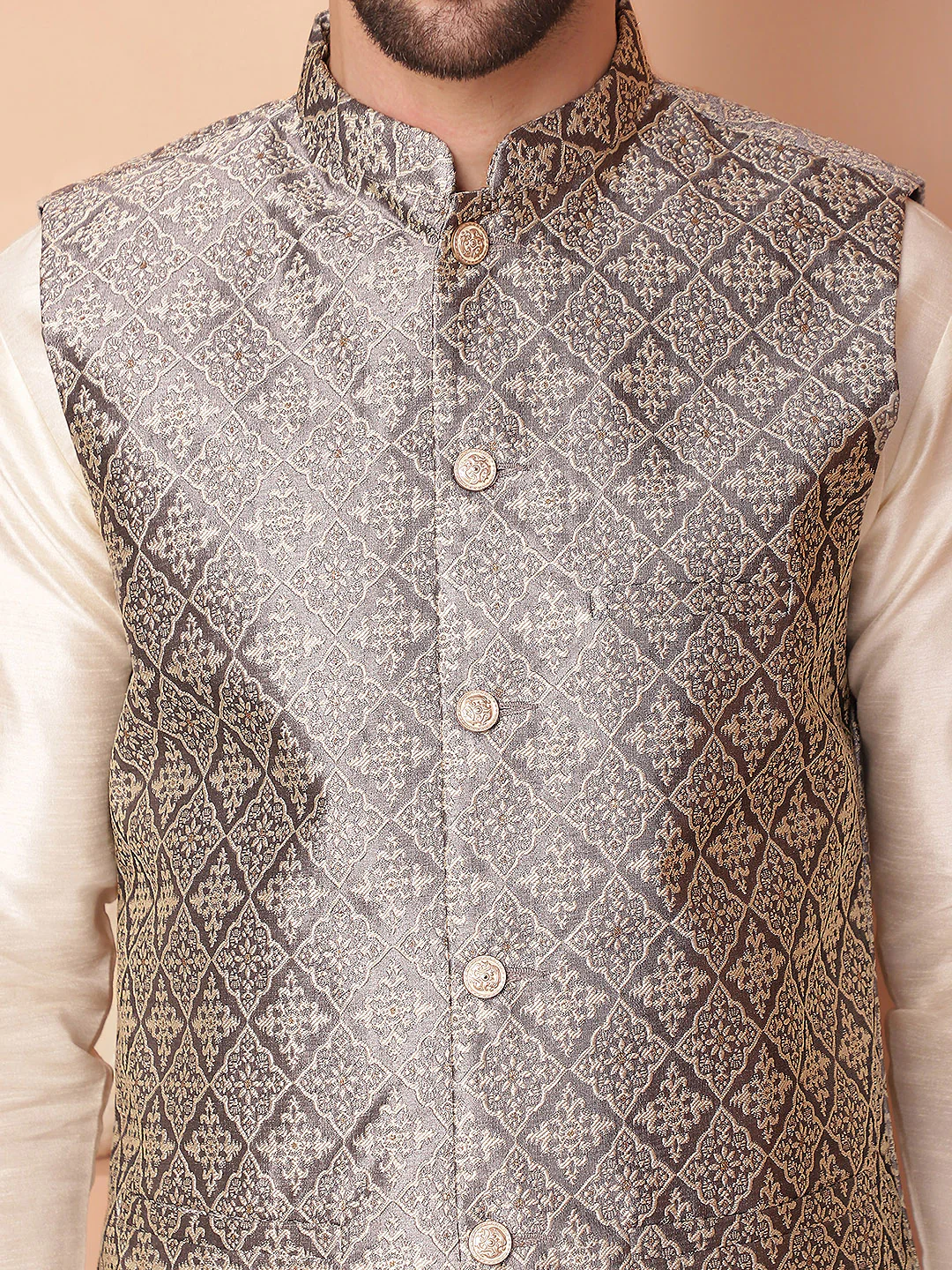 Indian Waistcoat Men's Nehru Jacket Brocade Silk Blend (Grey) - Image 7