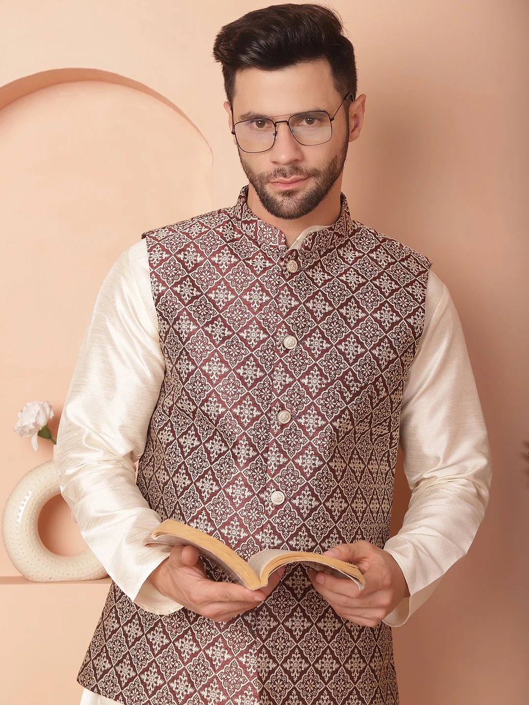 Indian Waistcoat Men's Nehru Jacket Brocade Silk Blend (Maroon)