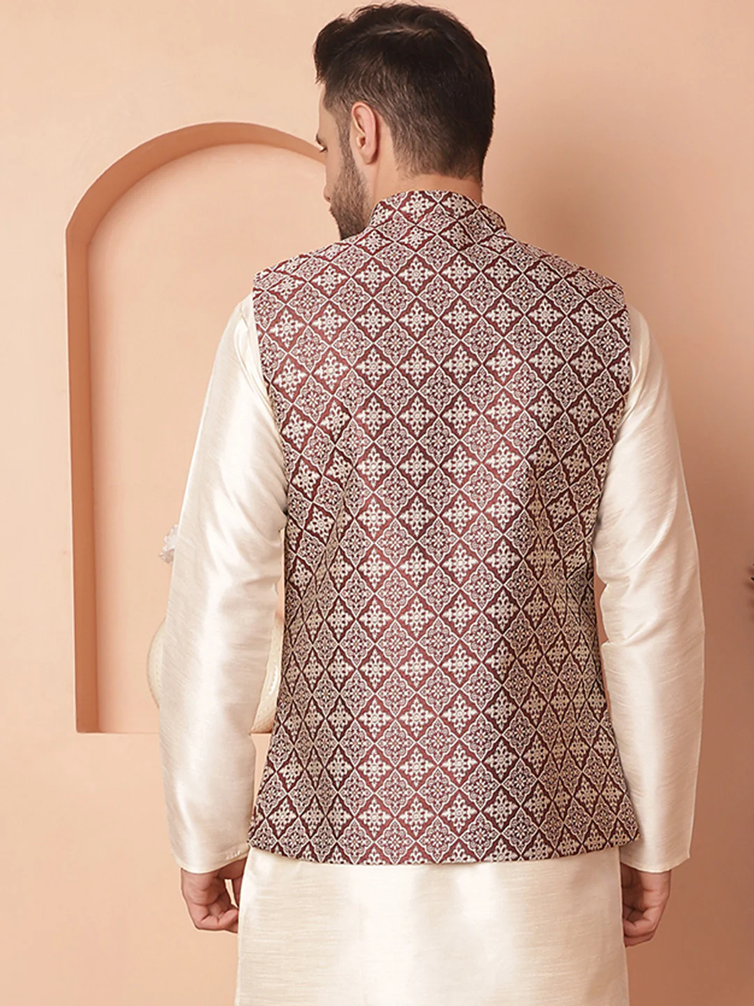 Indian Waistcoat Men's Nehru Jacket Brocade Silk Blend (Maroon) - Image 2