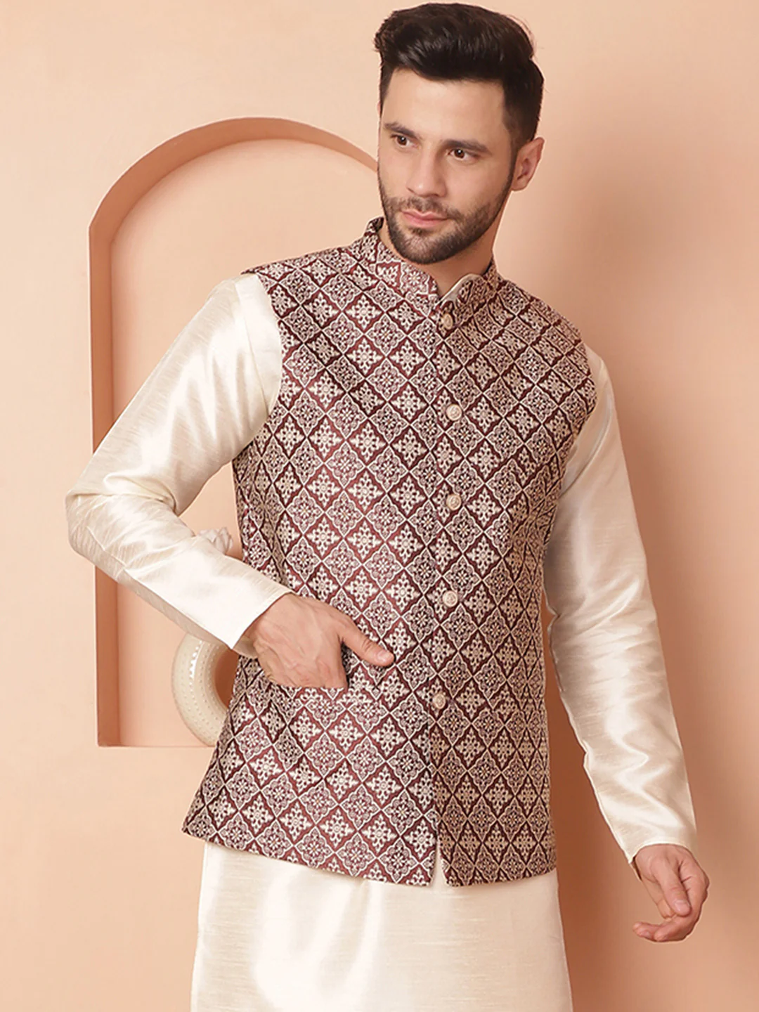 Indian Waistcoat Men's Nehru Jacket Brocade Silk Blend (Maroon) - Image 4