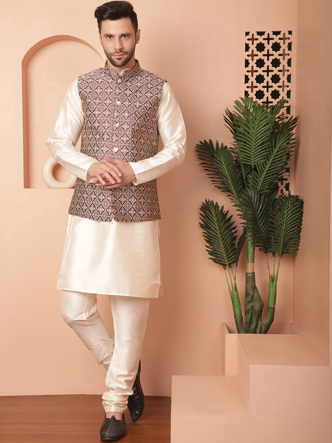 Indian Waistcoat Men's Nehru Jacket Brocade Silk Blend (Maroon) - Image 5
