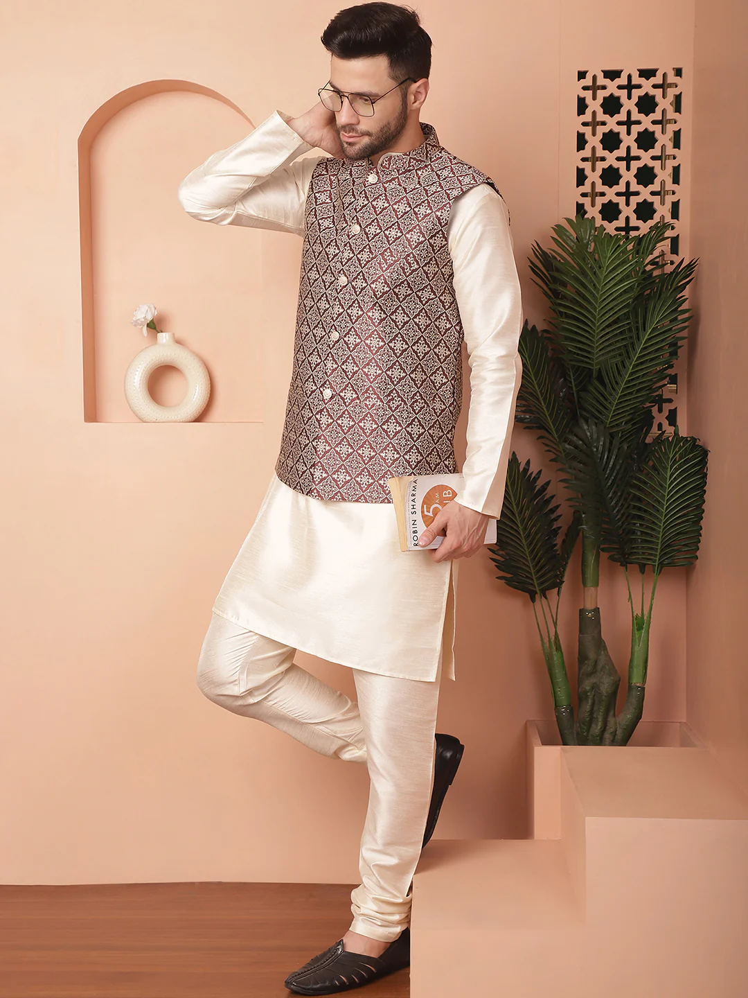 Indian Waistcoat Men's Nehru Jacket Brocade Silk Blend (Maroon) - Image 6