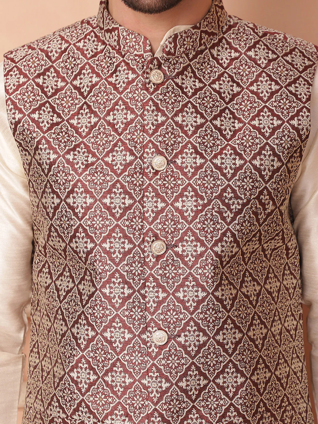 Indian Waistcoat Men's Nehru Jacket Brocade Silk Blend (Maroon) - Image 7