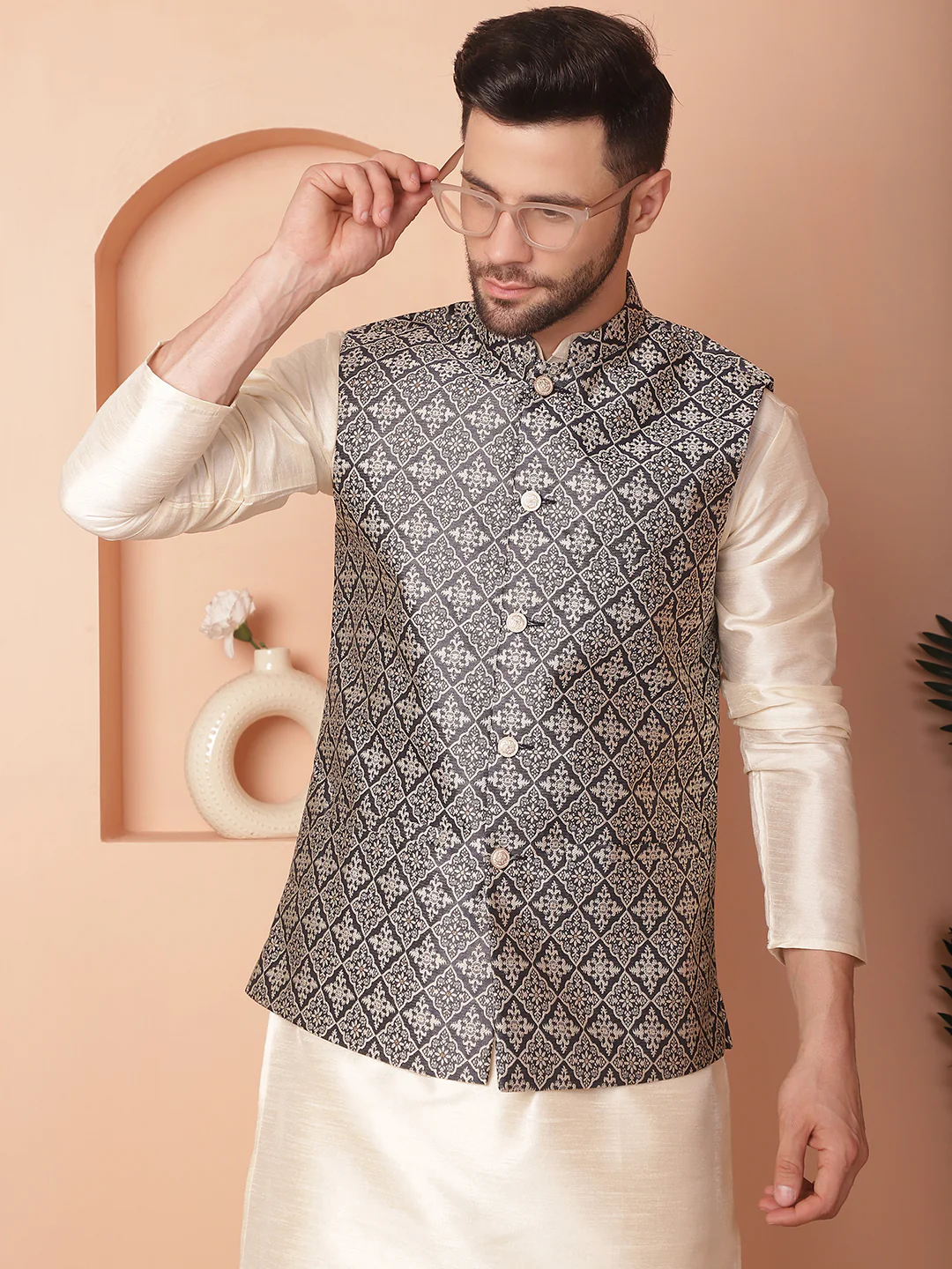Indian Waistcoat Men's Nehru Jacket Brocade Silk Blend (Navy Blue)