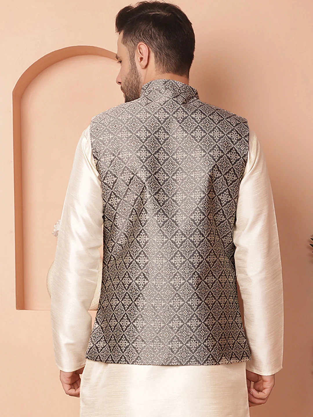 Indian Waistcoat Men's Nehru Jacket Brocade Silk Blend (Navy Blue) - Image 2