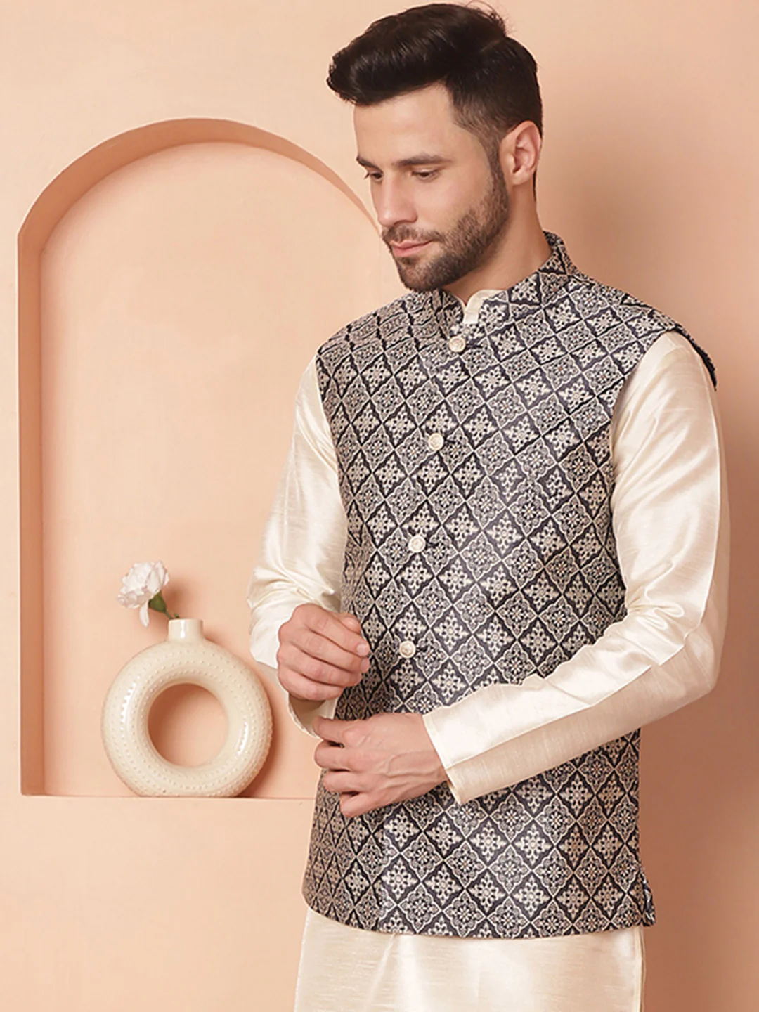 Indian Waistcoat Men's Nehru Jacket Brocade Silk Blend (Navy Blue) - Image 4