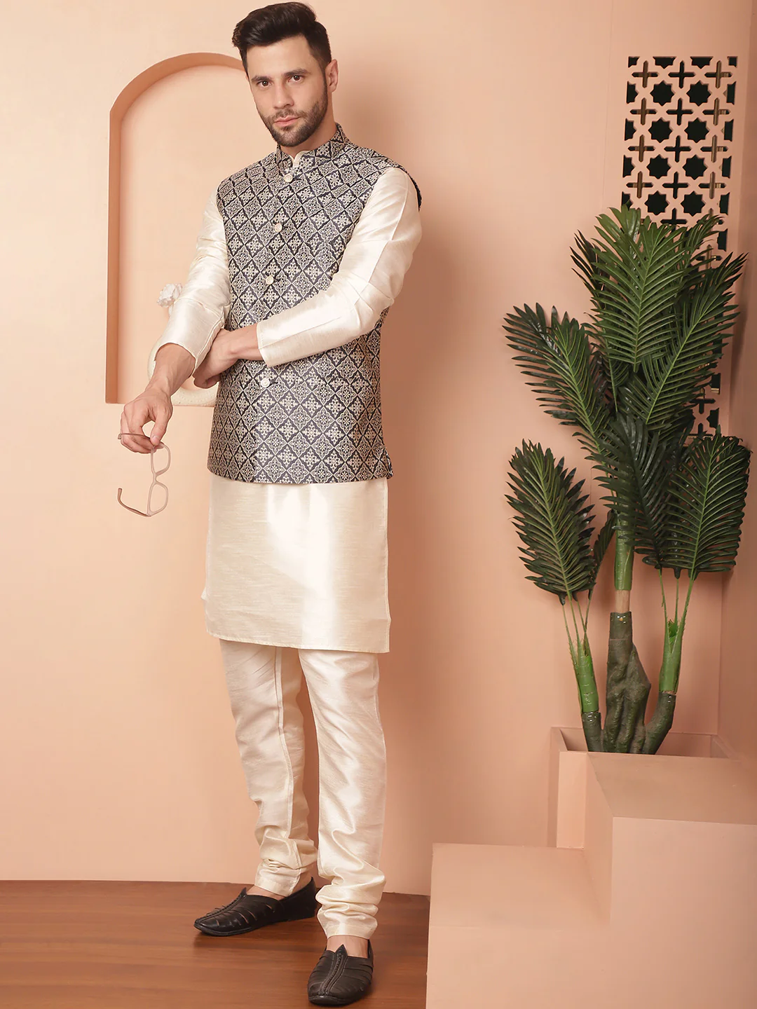 Indian Waistcoat Men's Nehru Jacket Brocade Silk Blend (Navy Blue) - Image 6