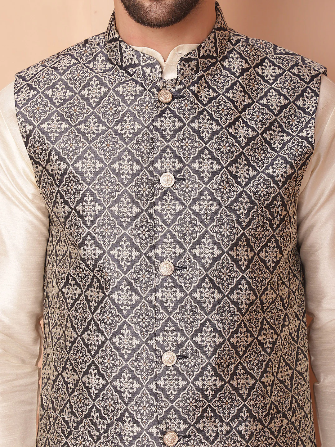 Indian Waistcoat Men's Nehru Jacket Brocade Silk Blend (Navy Blue) - Image 7